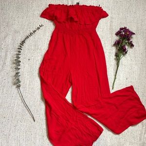 Red Ruffle-Accent Forever 21 Off-Shoulder Flare Jumpsuit